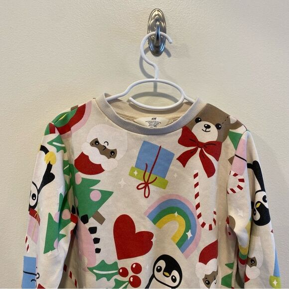H&M holiday sweatshirt Christmas print 5/6 5t Santa penguin rainbow - Picture 2 of 5